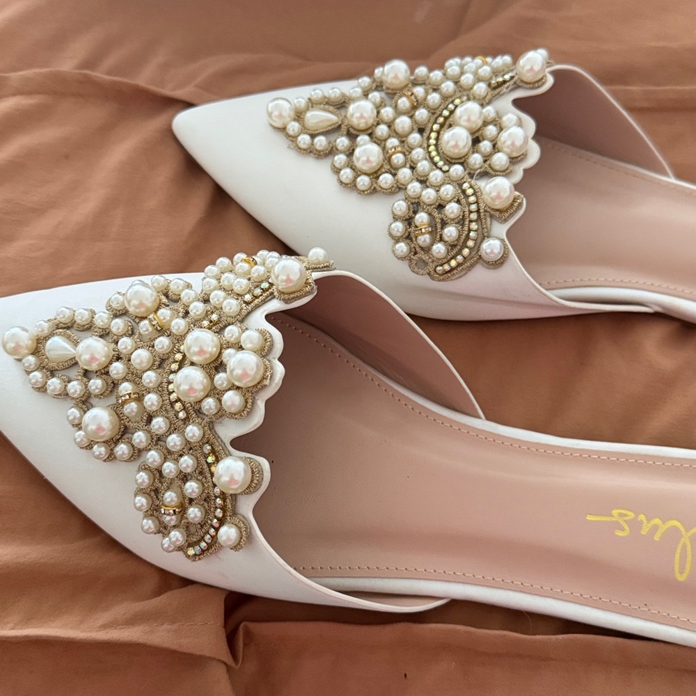 Lulu's white satin Embellished Mules - Picture 2 of 3